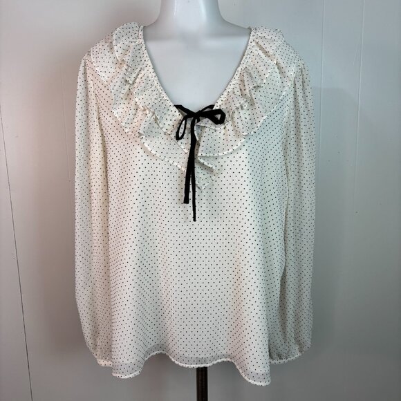 LOFT Top XL White Black Polka Dot V-Neck Ruffle Tie Long Sleeve Blouse Women's - Picture 1 of 9